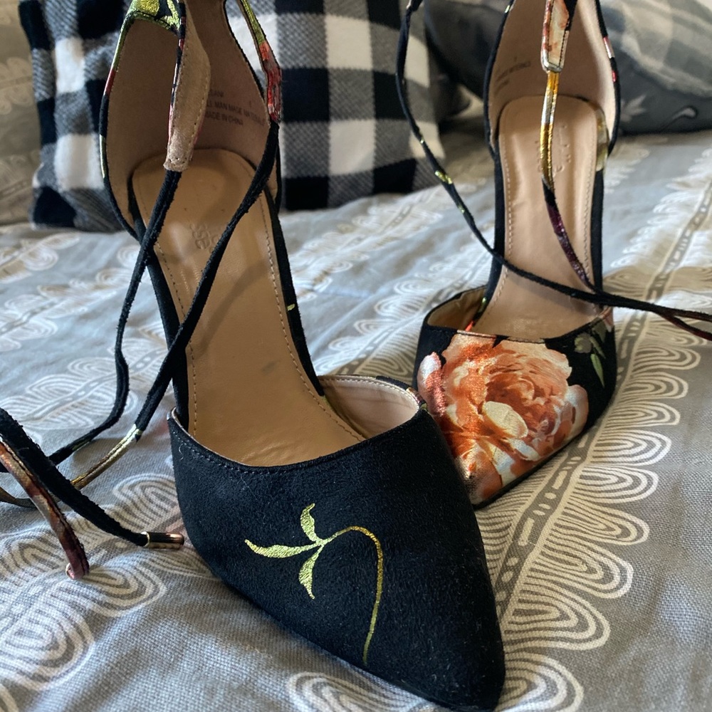 Black with flower designs Ankle Tie Heels